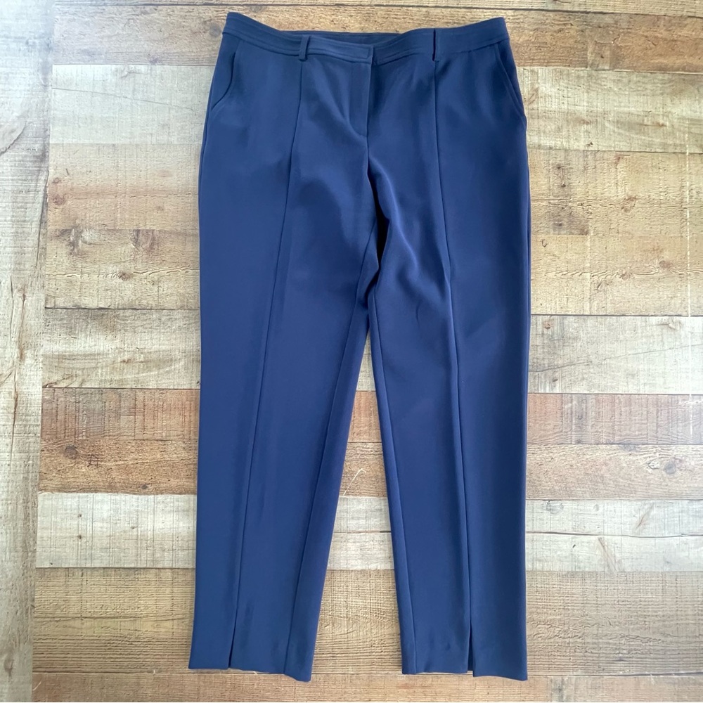 St. John Front Pleat Trousers Size 12 Navy Blue with Front Slit